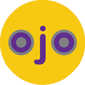A yellow circle with the word "ojo" placed so that the "o" letters look like eyes.