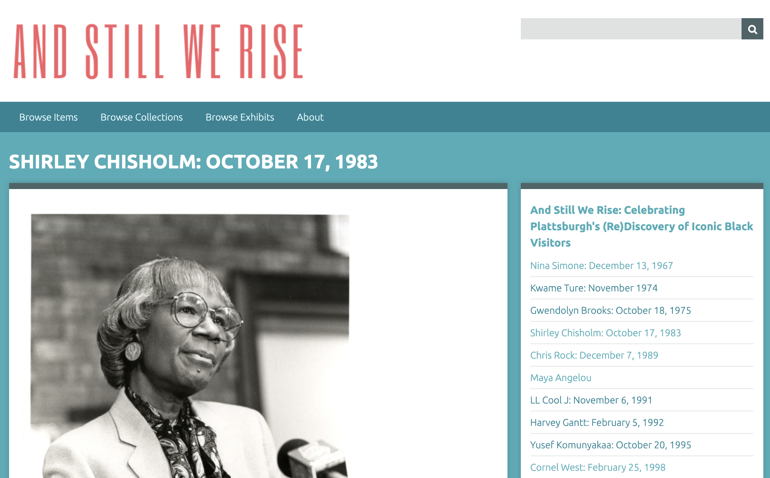 Screen shot ASWR Omeka page, Shirley Chisholm: October 17, 1983