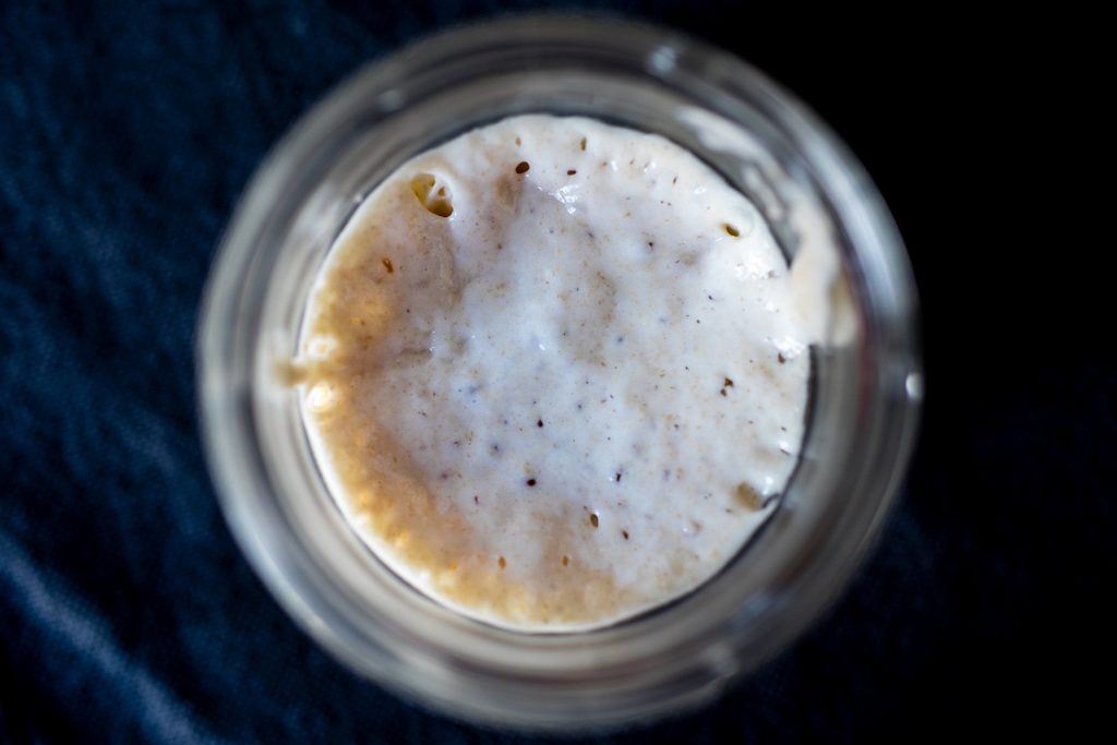 A sour dough starter in a glass, a bubbly pale white mixture in focus on top of a blue table cloth