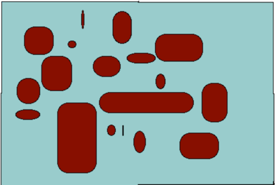blue background with red oblong shapes of various sizes