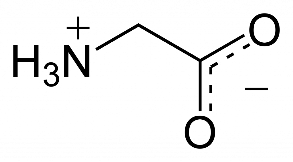Skeletal formula of the glycine zwitterion, C2H5NO2.