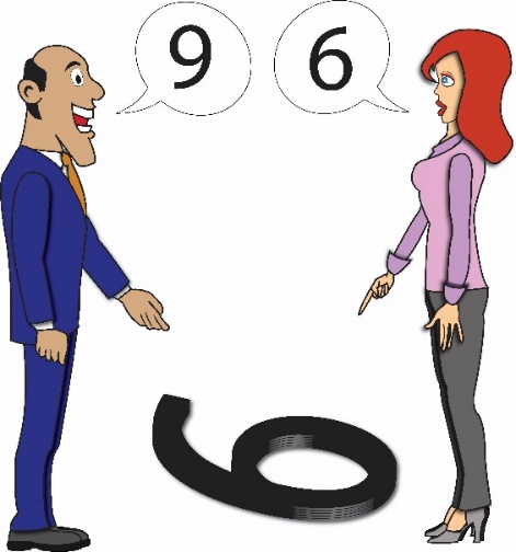 the number six shown on the ground with two people on either side, one interpreting it as a nine, and the other a six.