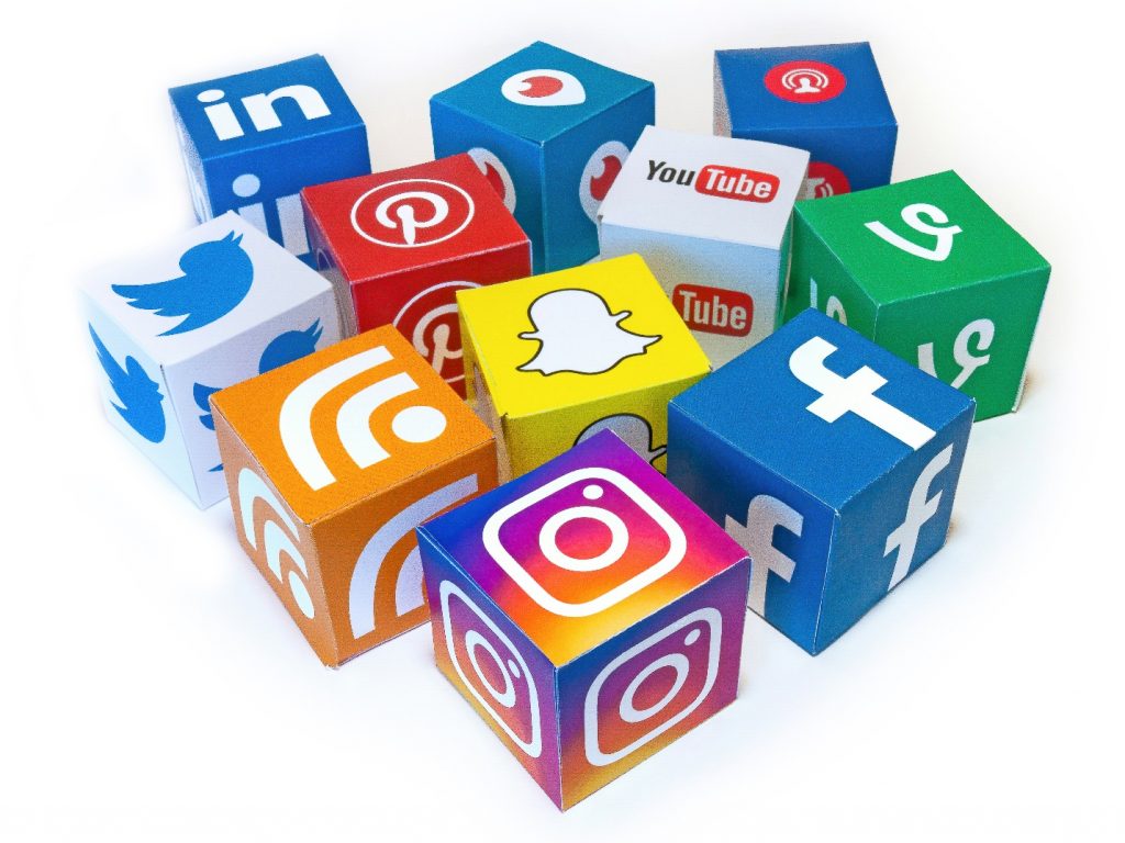 blocks with common social media icons on them, such as instagram, twitter, snapchat, pinterest, vine, and facebook