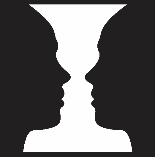 the silhouette of two faces looking at one another, with the blank space between them making the outline of a vase.