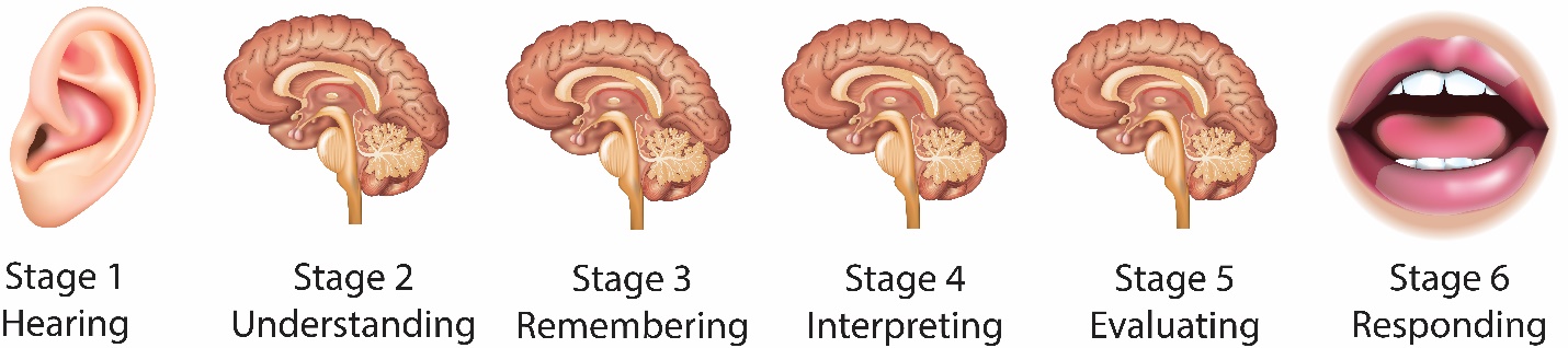 Six stages labeled: Hearing, Understanding Remembering, Interpreting, evaluating, and responding.