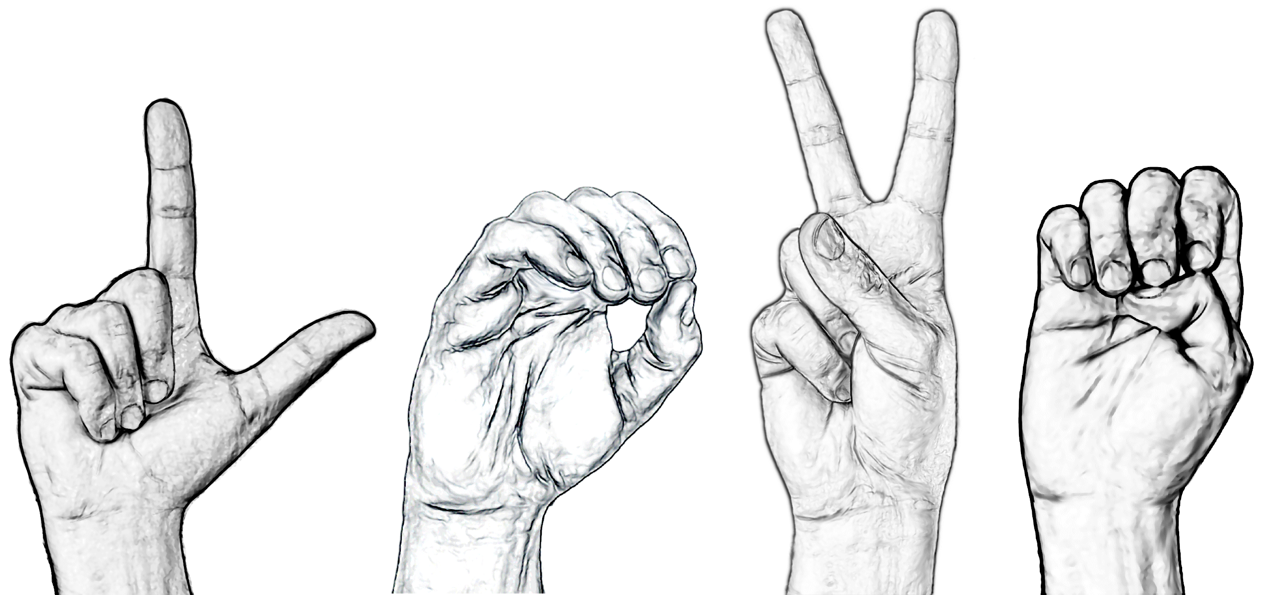 Pencil drawings of hands fingerspelling the word LOVE in American Sign Language