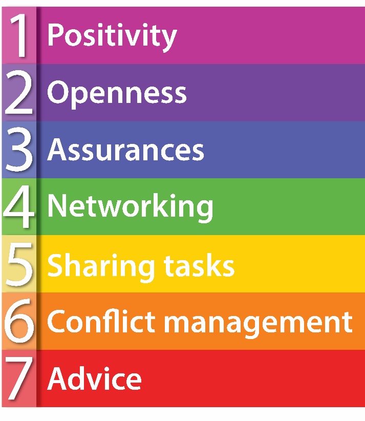 1. Positivity, 2. Openness, 3. Assurancing, 4. Networking, 5. Sharing tasks, 6. Conflict management, 7. Advice.