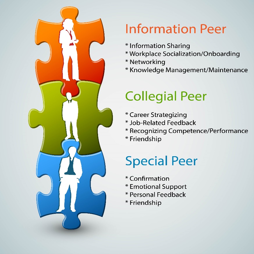Information peer: Information sharing, workplace socialization/onboarding, networking, knowledge management/maintenance. Collegial Peer: Career strategizing, job-related feedback, recognizing competence/performace, friendship. Special Peer: Confirmation, emotional support, personal feedback, friendship.