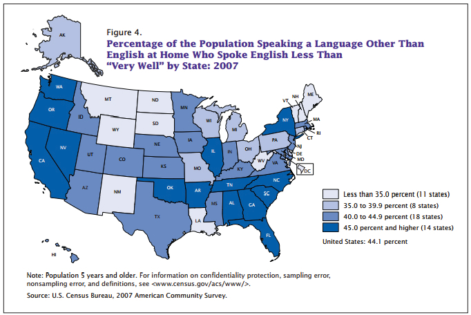 An infographic titled "Percentage of the Population Speaking a Language Other Than English at Home Who Spook English Less Than "Very Well" by State: 2007."