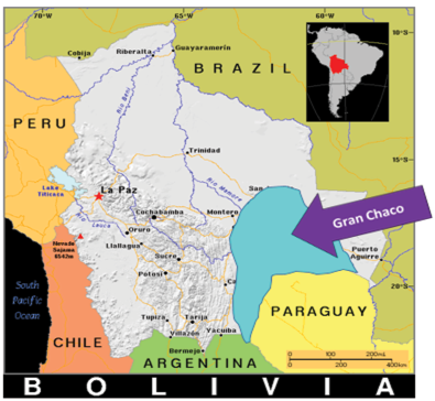 A map of Bolivia, with a purple arrow pointing to Gran Chaco.