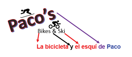 A graphic pointing to different sections of the phrase "Paco's Bikes & Ski" and "La bicicleta y el esquí de Paco."