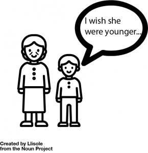An old woman with a young boy next to her saying "I wish she were younger..."