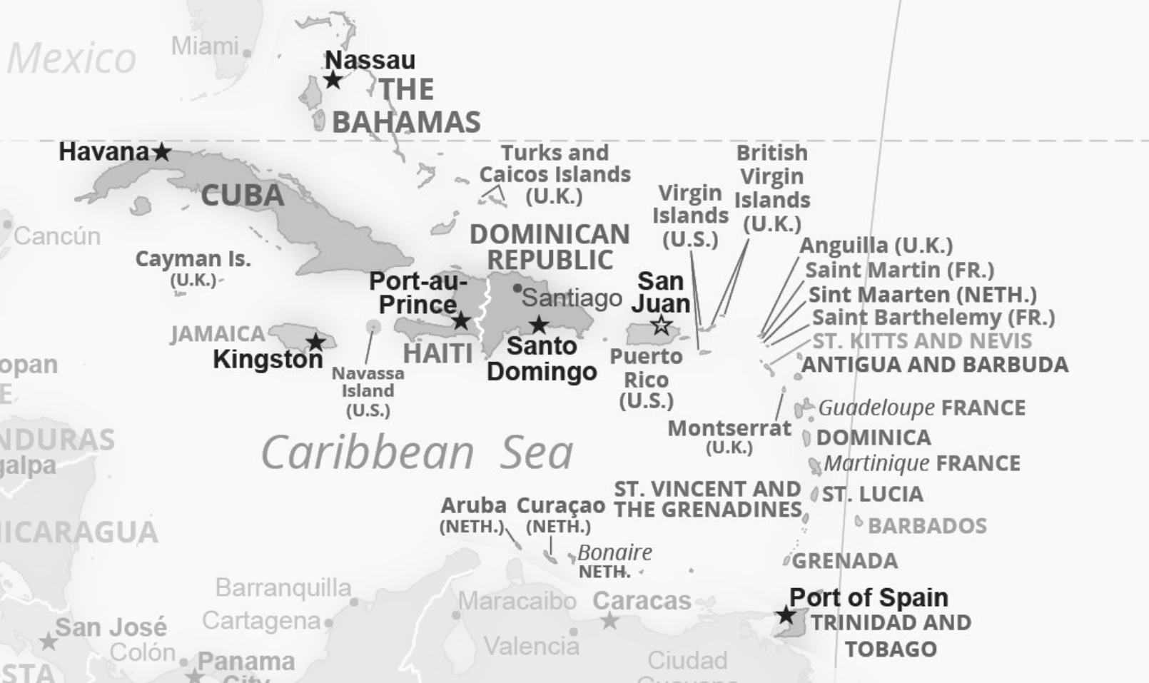 A black-and-white map of the Caribbean islands, including Cuba, Jamaica, Haiti, the Dominican Republic, Puerto Rico, and the Bahamas.