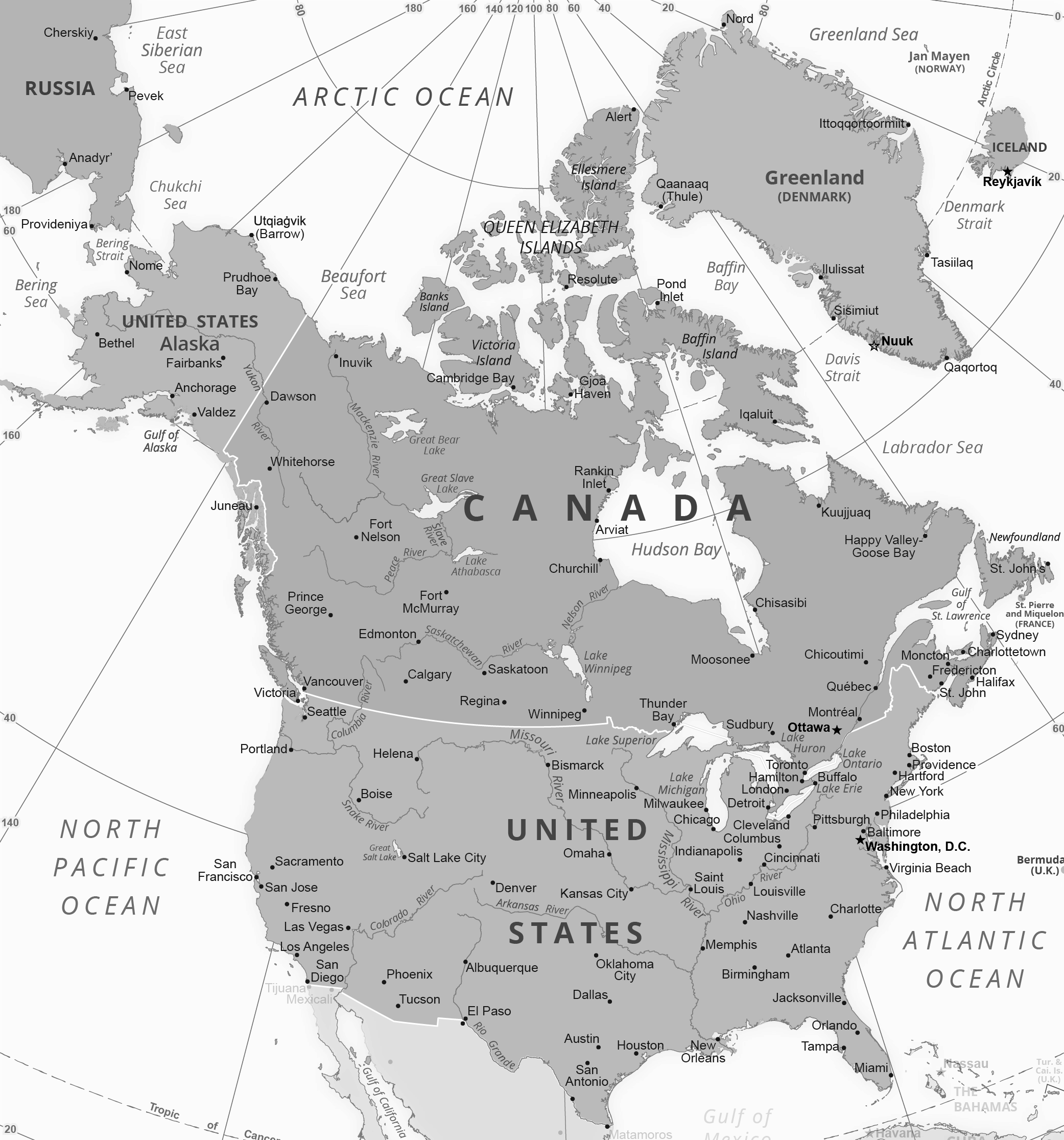 A black-and-white map of North America, including the United States, Canada, Greenland, and Iceland.