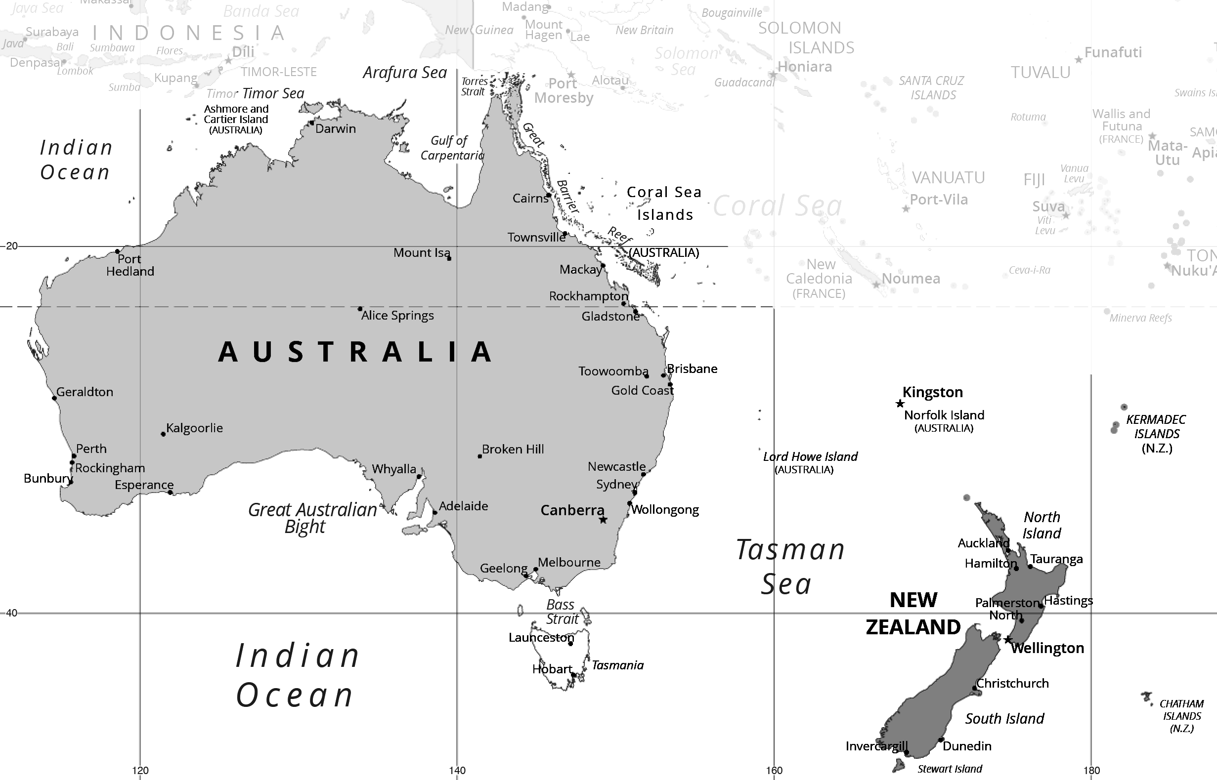 A black-and-white map of Australia and New Zealand.