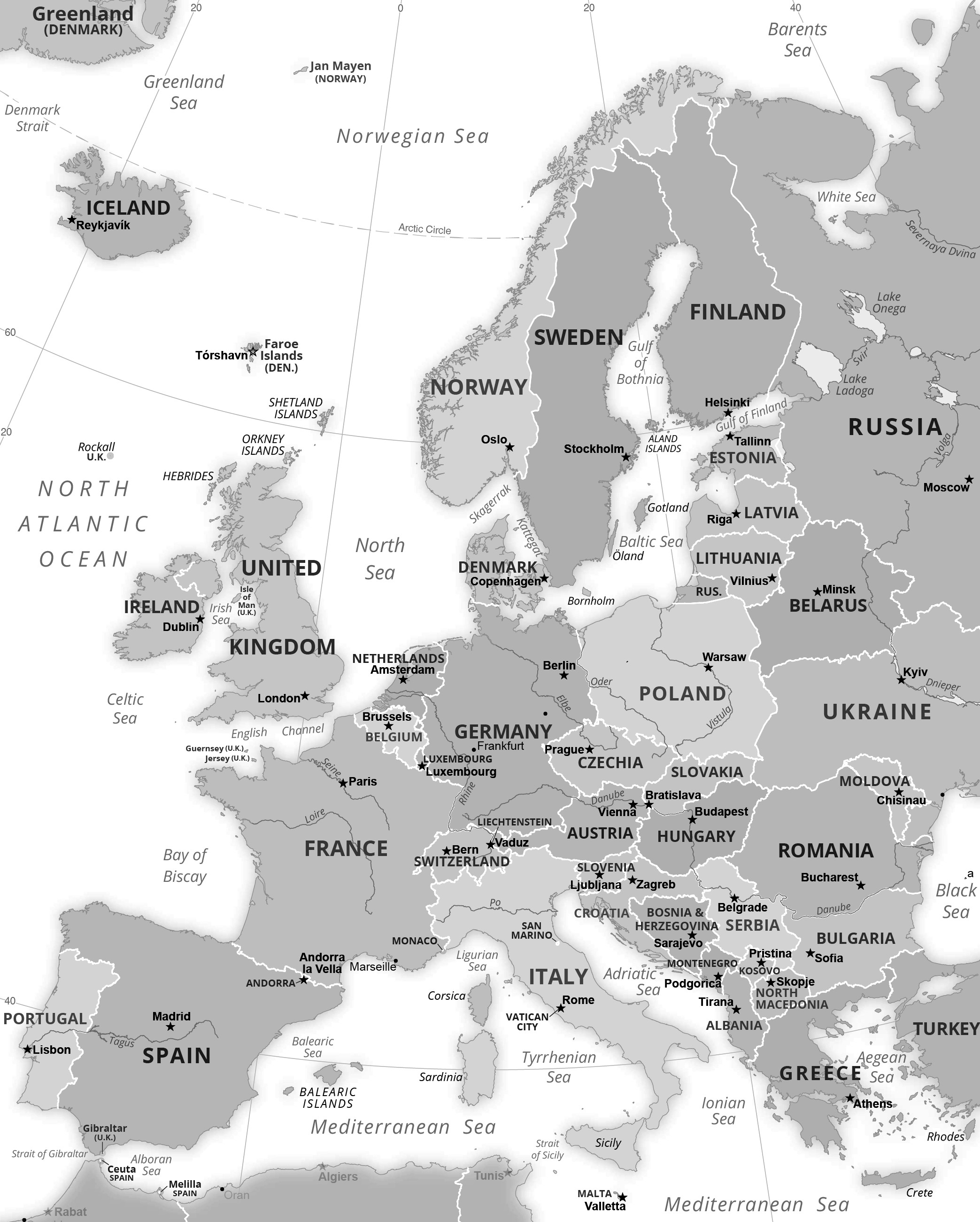 A black-and-white map of Europe, including the United Kingdom, Ireland, France, Spain, Portugal, Italy, Germany, and others.