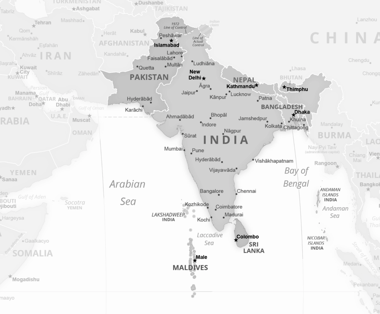 A black-and-white map of India, including Pakistan, Nepal, Bangladesh, Sri Lanka, and the Maldives.