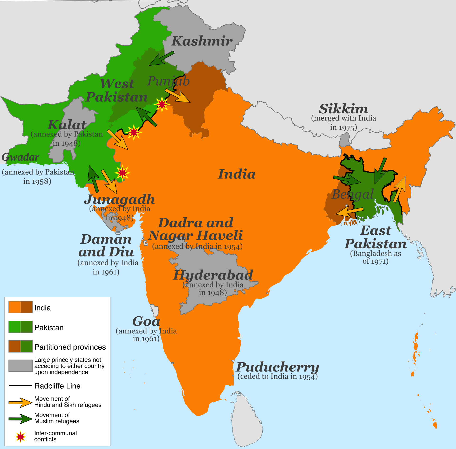 A map of India and surrounding areas; India is depicted in orange, with West Pakistan and East Pakistan in green, while Hyderabad, Kalat, and Kashmir are in grey.