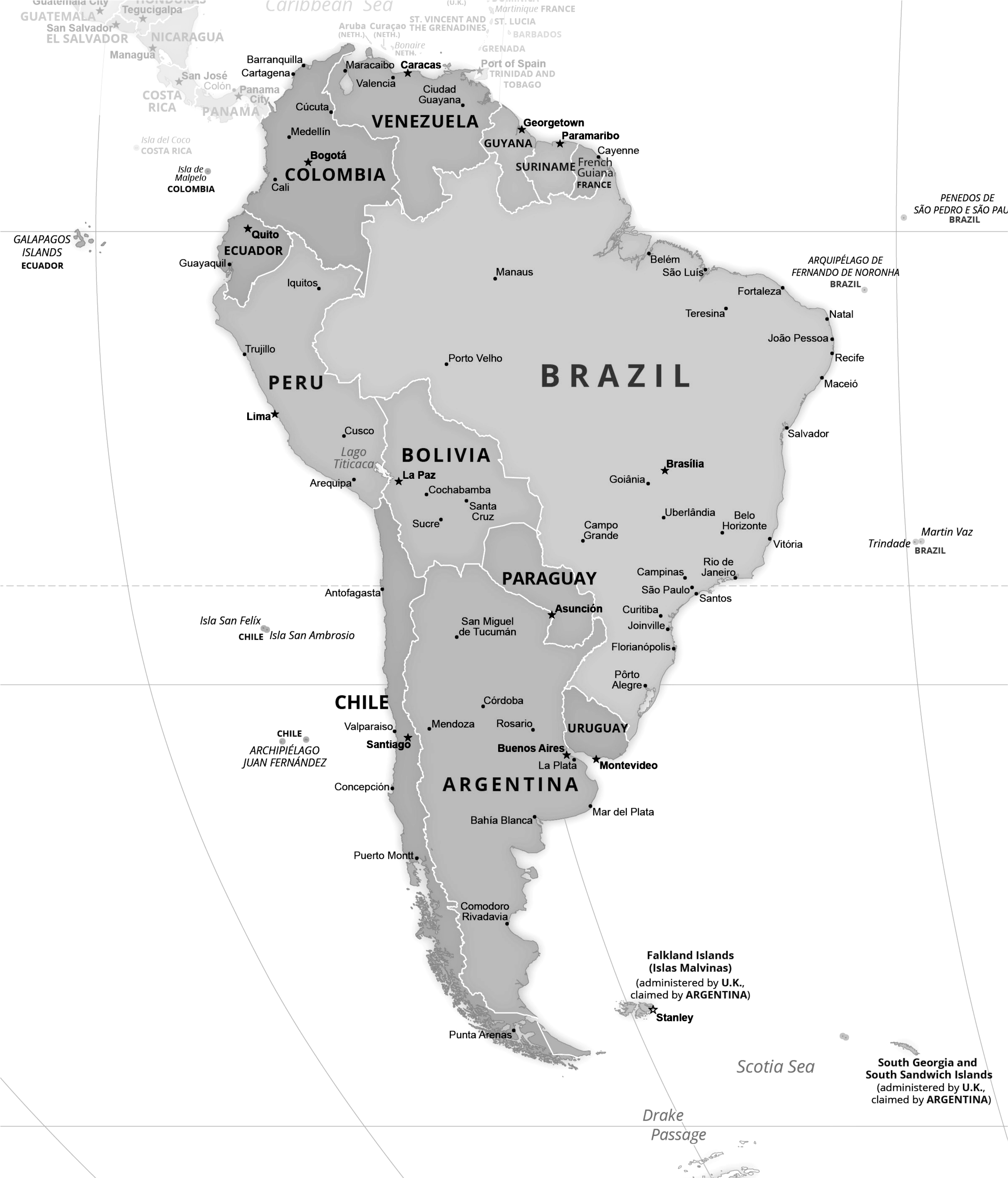 A black-and-white map of South America, including Brazil, Venezuela, Colombia, Ecuador, Peru, Bolivia, Paraguay, Uruguay, Argentina, and Chile.