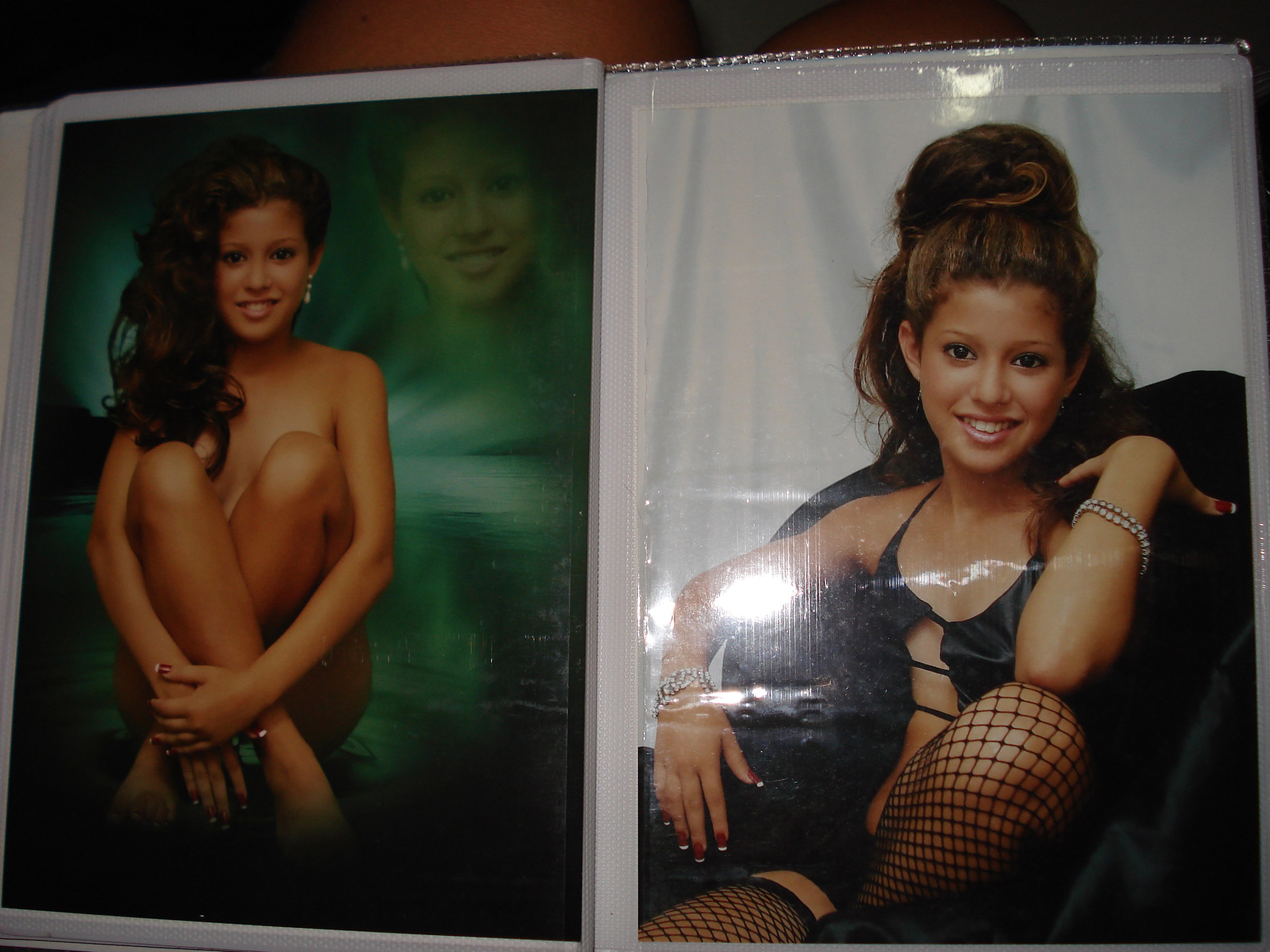 Two photos of a young girl; in one she is naked, knees crossed in front of her, the other in lingerie.