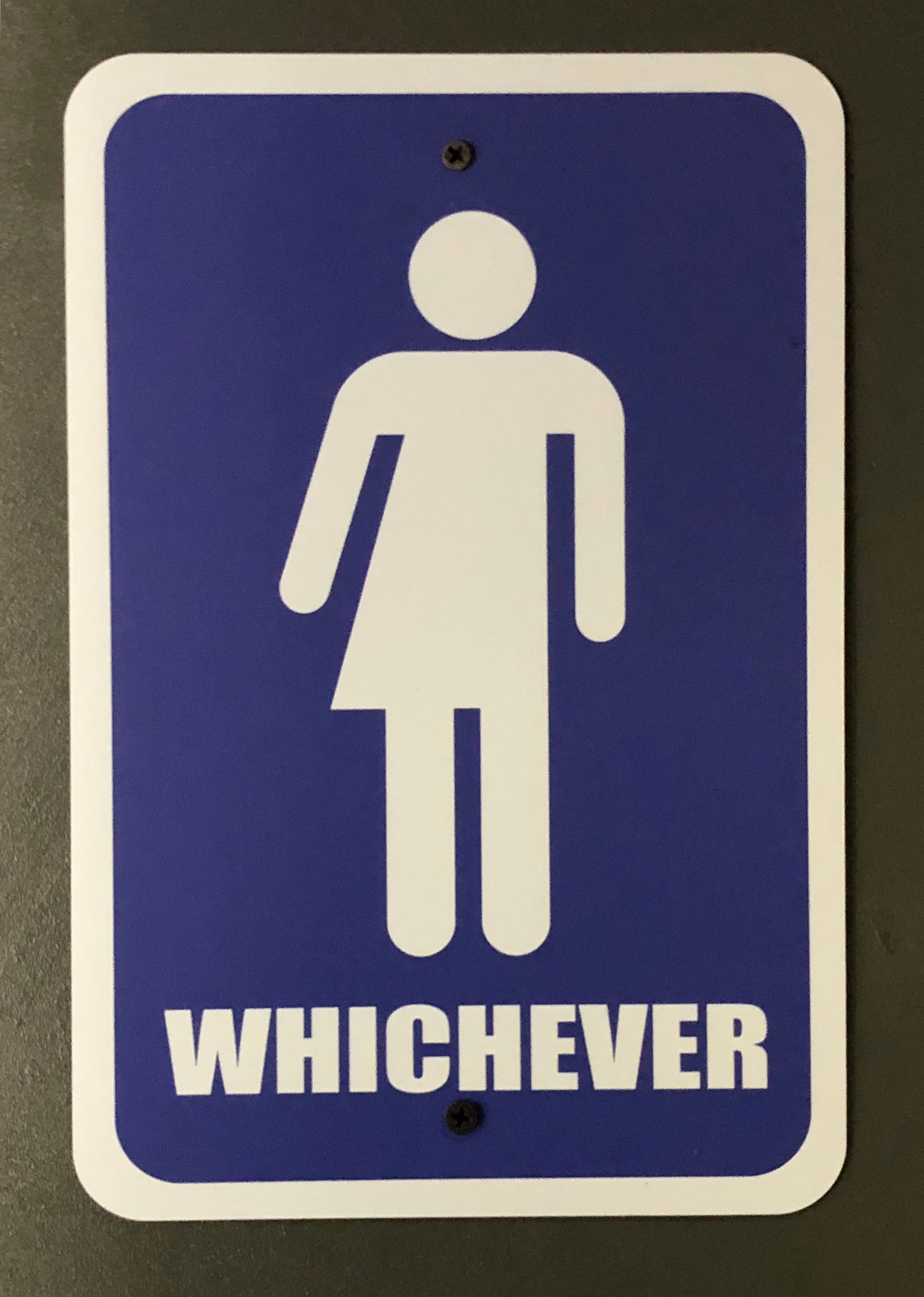 A bathroom sign that is half-male half-female with the word "whichever" beneath it.