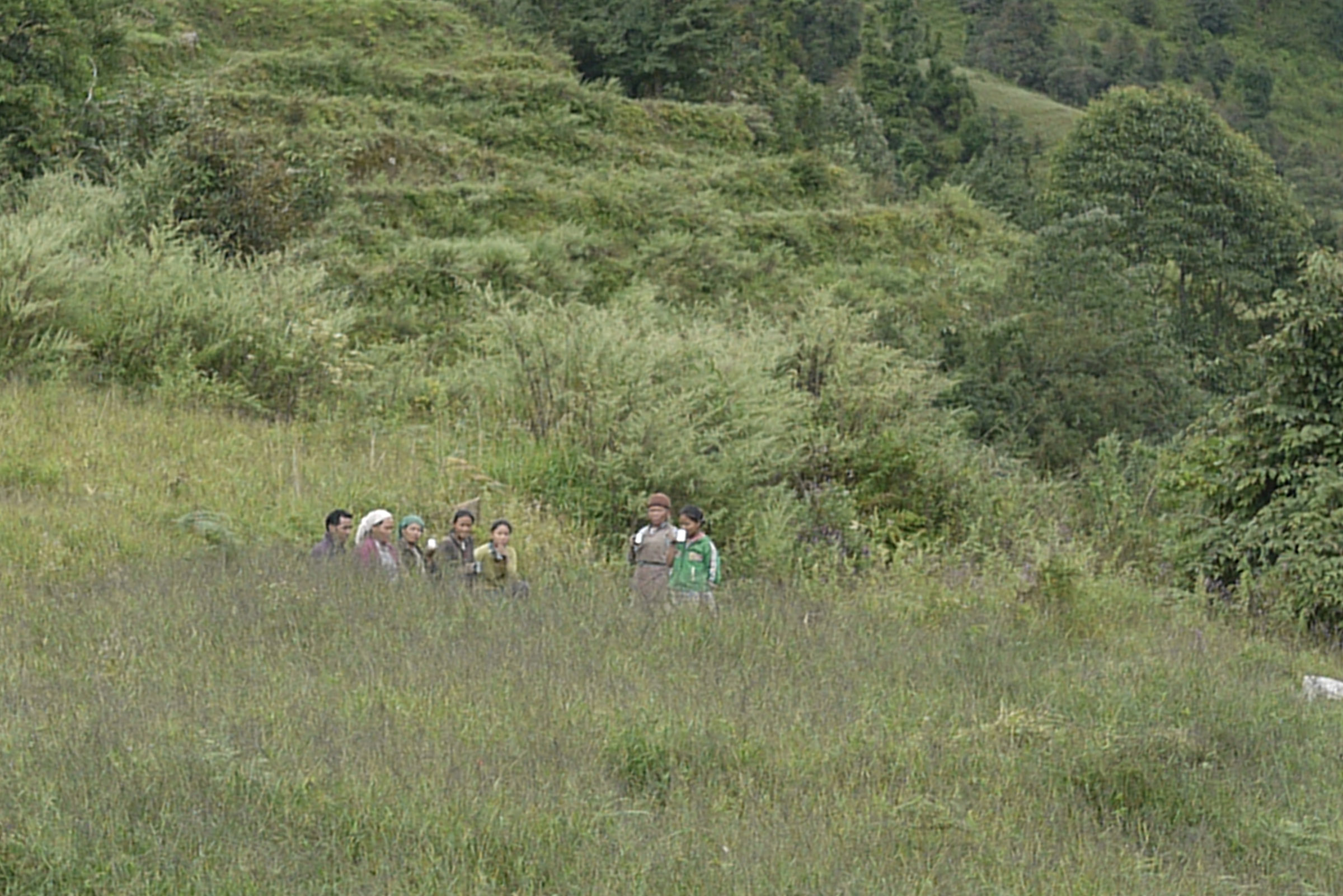 A group of women sit in a long grassy field, speaking to each other.
