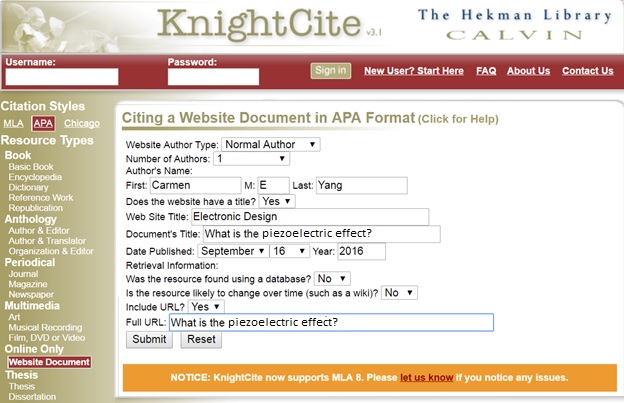 Screenshot of KnightCite website.