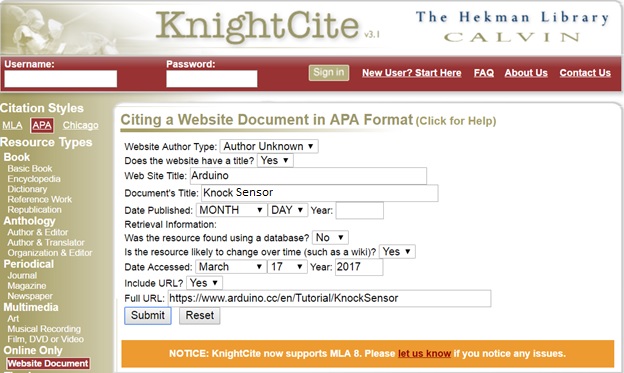 Screenshot of the KnightCite website.