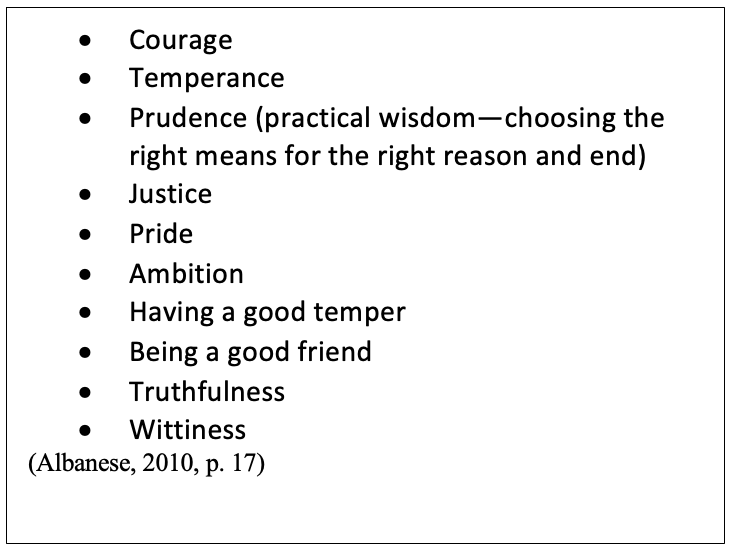 List of virtues, including courage, temperance, and others.