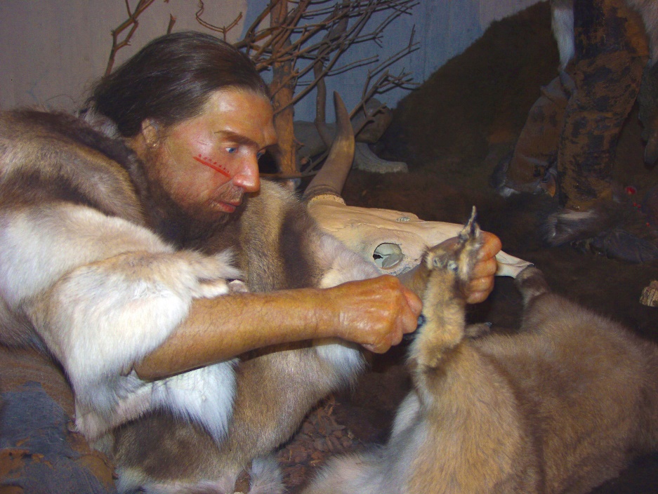A prehistoric man works with furs and pelts.