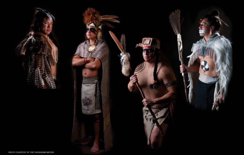 Various early peoples wearing feather and pelt dress.
