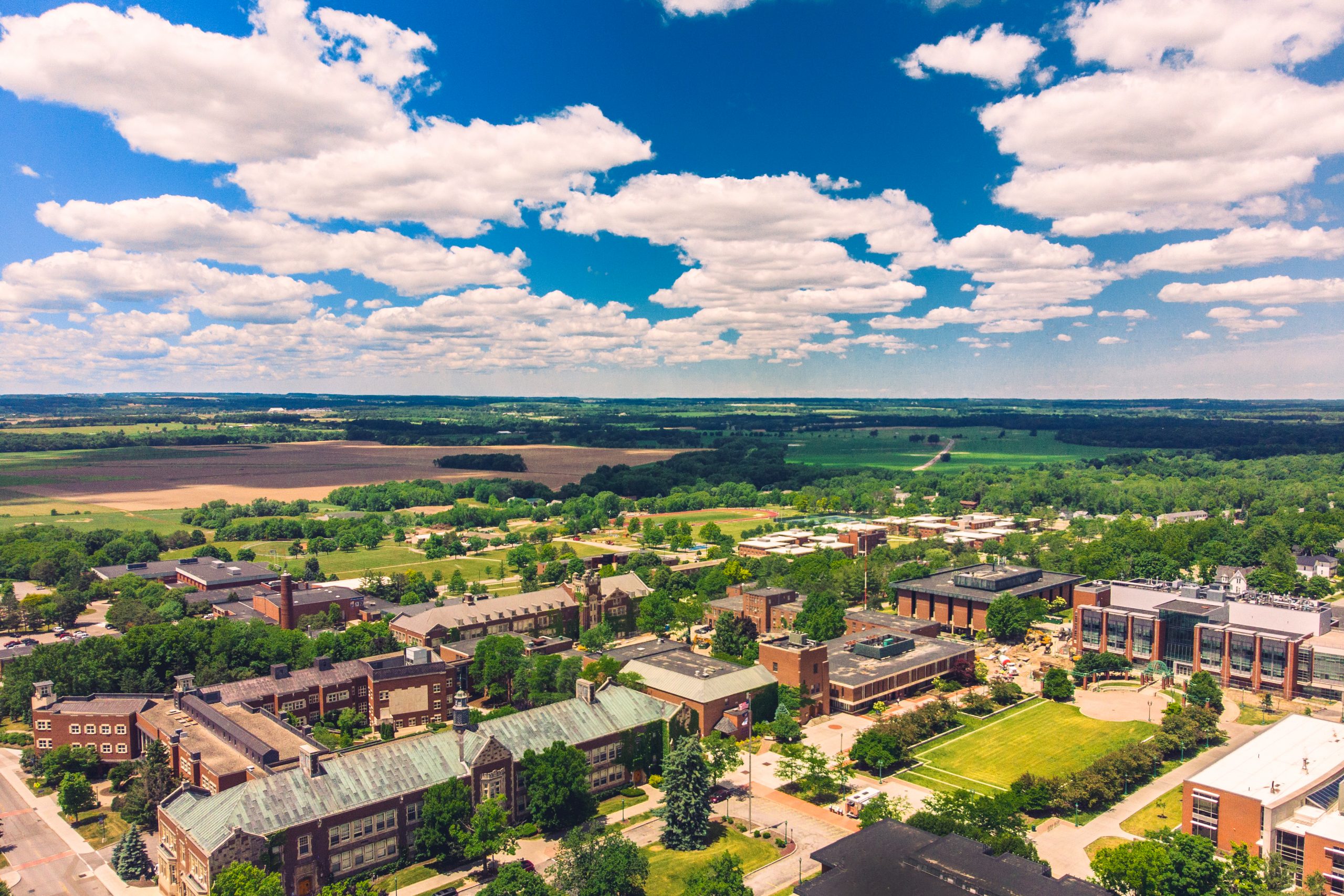The view over the college and the Genesee Valley on a sunny day.