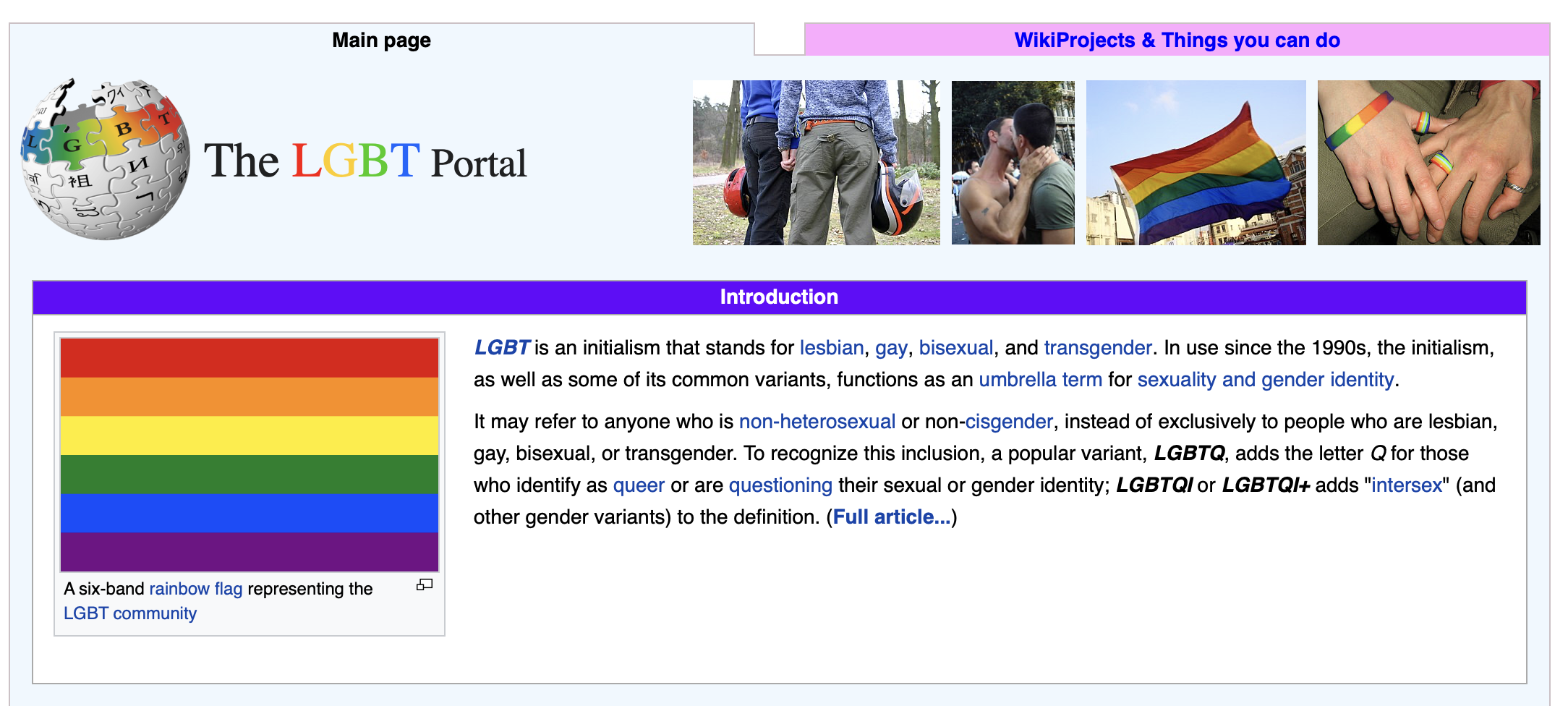 A screen capture of the LGBT Portal on Wikipedia.