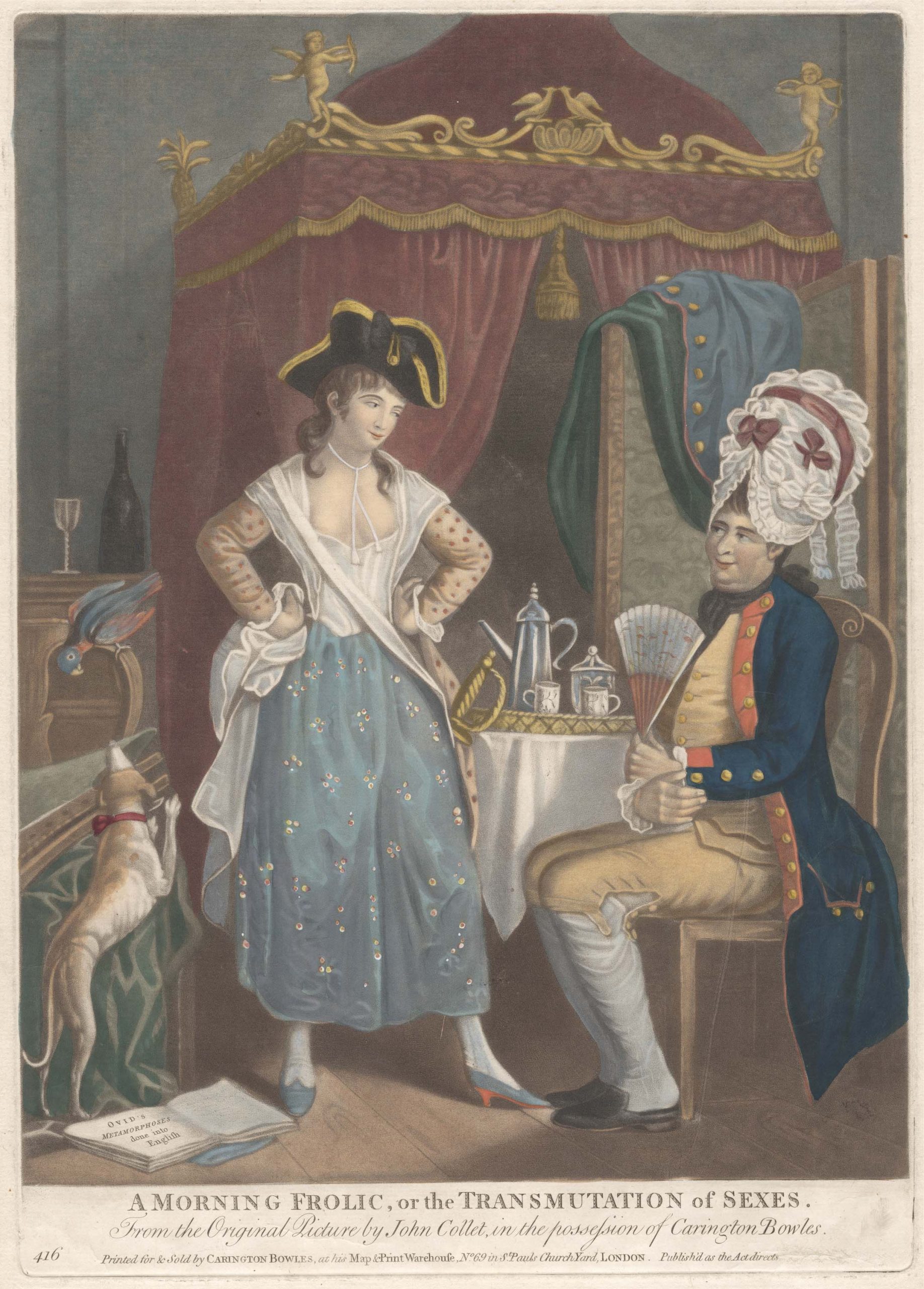 An old illustration of a man and woman swapping hats in the 1700s.