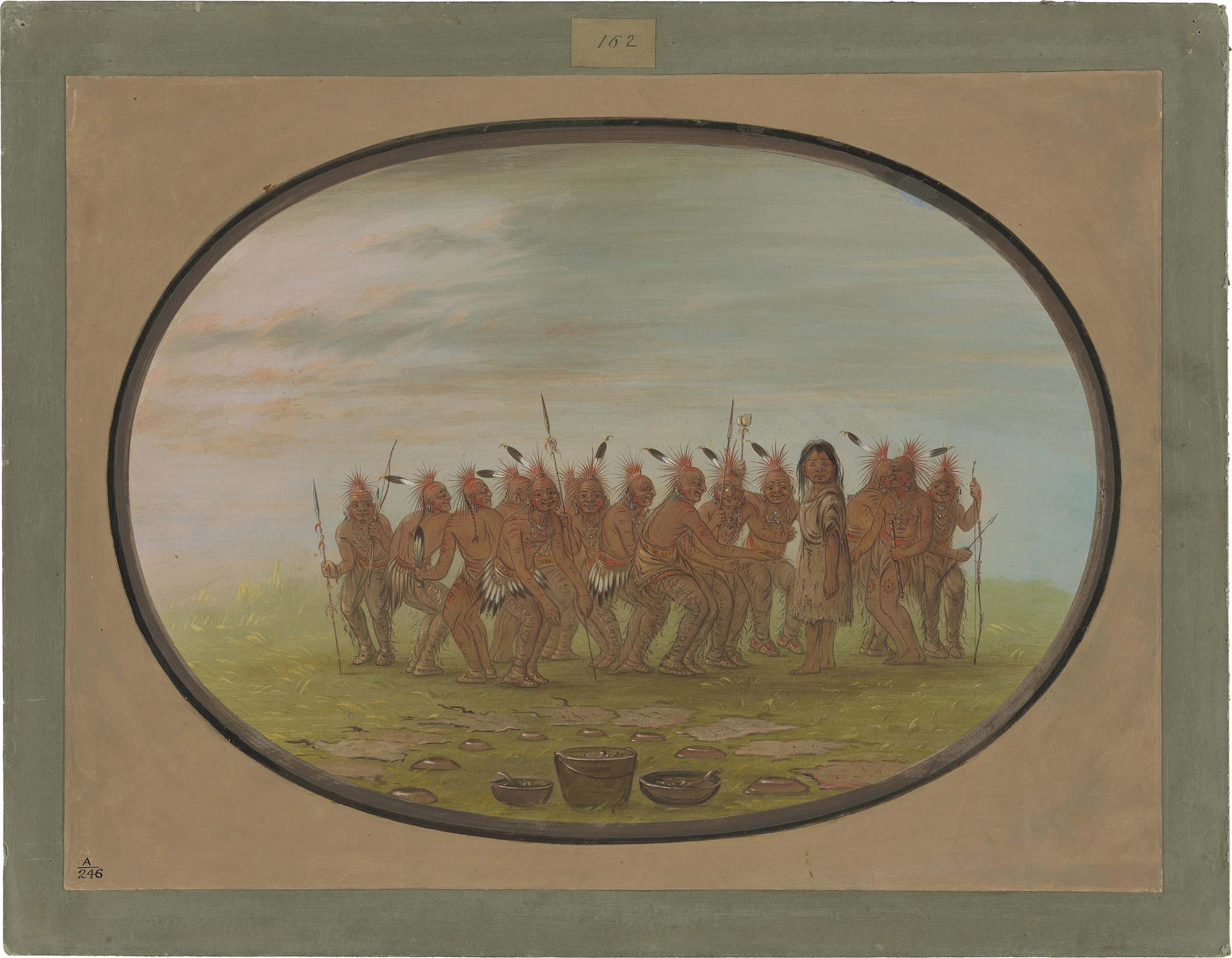 A painting of Native American dance, in a field.