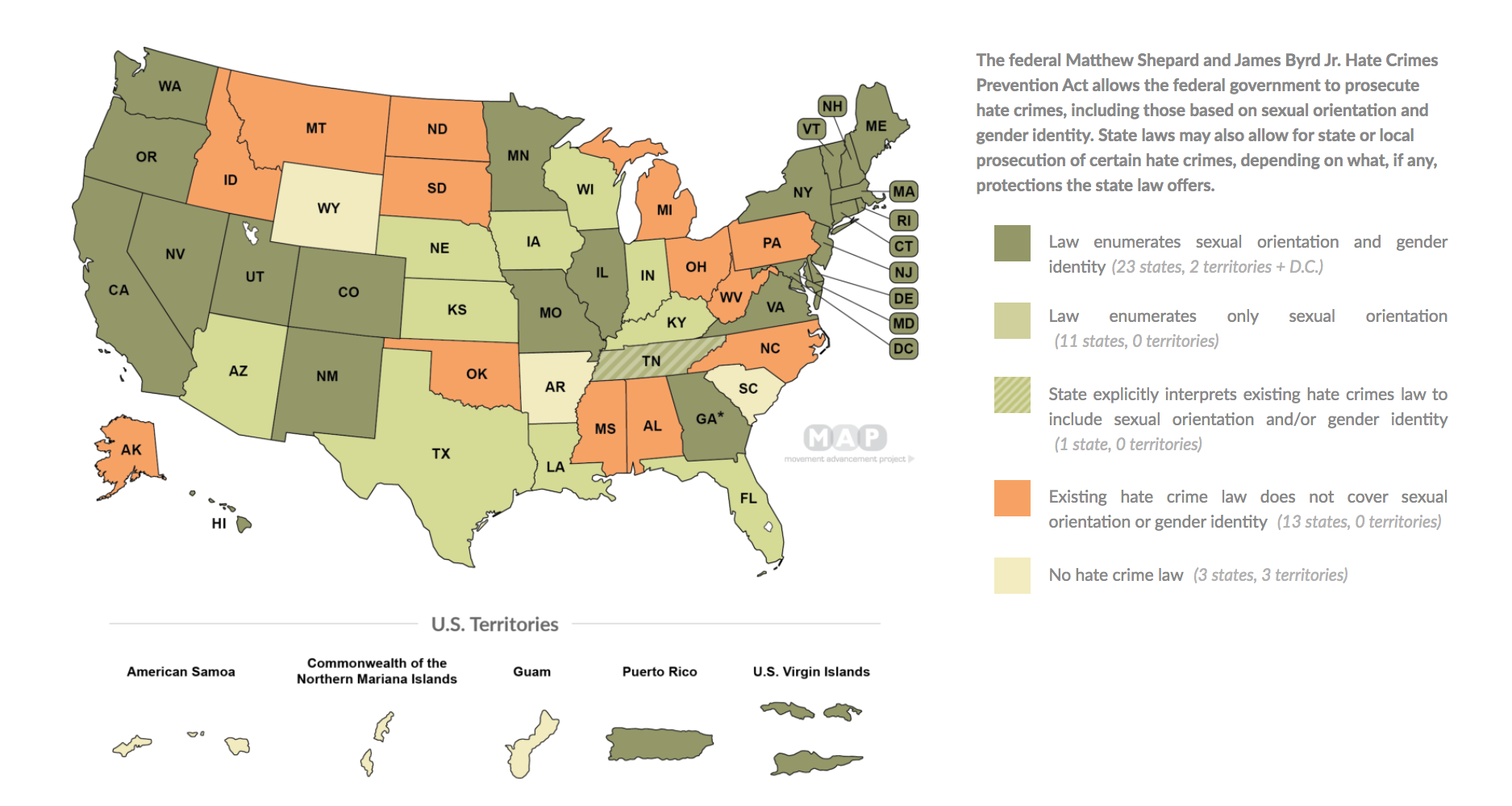 Map of the United States, policies for hate crime and sexual identities.