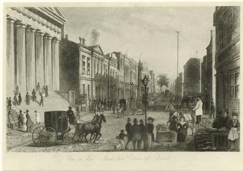 a handrawn image of a city street in the 1800s showing a pillared building with many steps on the left and vendors and a horse and carriage in the street.