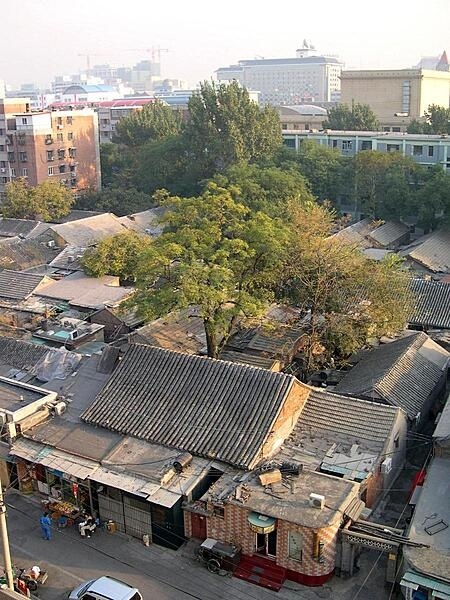 A photo of a Hutong from above, which is a traditional Chinese neighborhood composed of narrow streets or alleys, running from siheyuan, or courtyard residences.