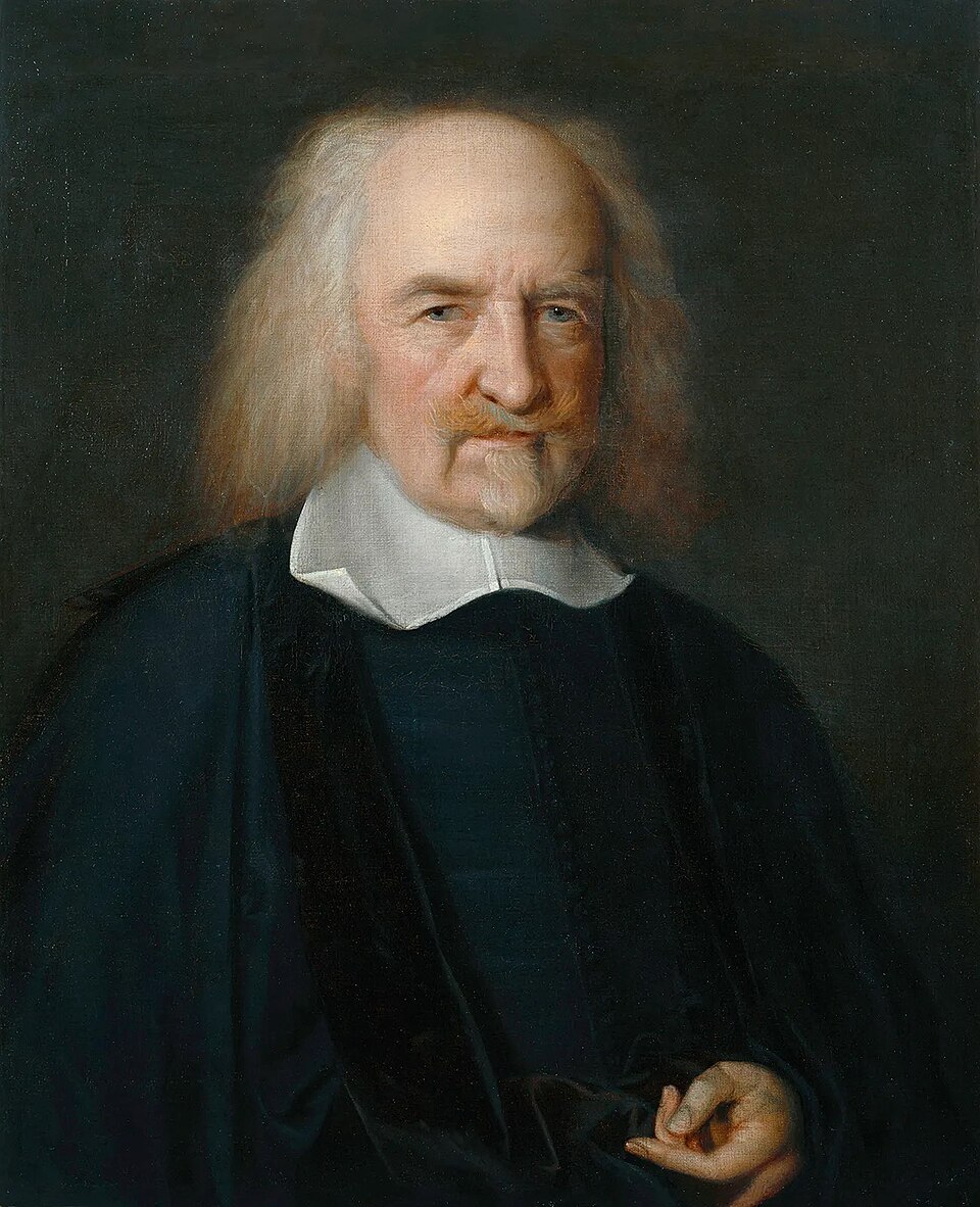 Painted portrait of an older man with long, wispy white hair, wearing a dark robe and white collar.