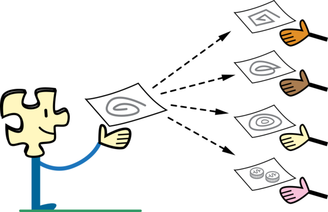 A puzzle-shaped figure hands out papers featuring spirals to diverse hands reaching from the right, conveying sharing, collaboration, and diversity.