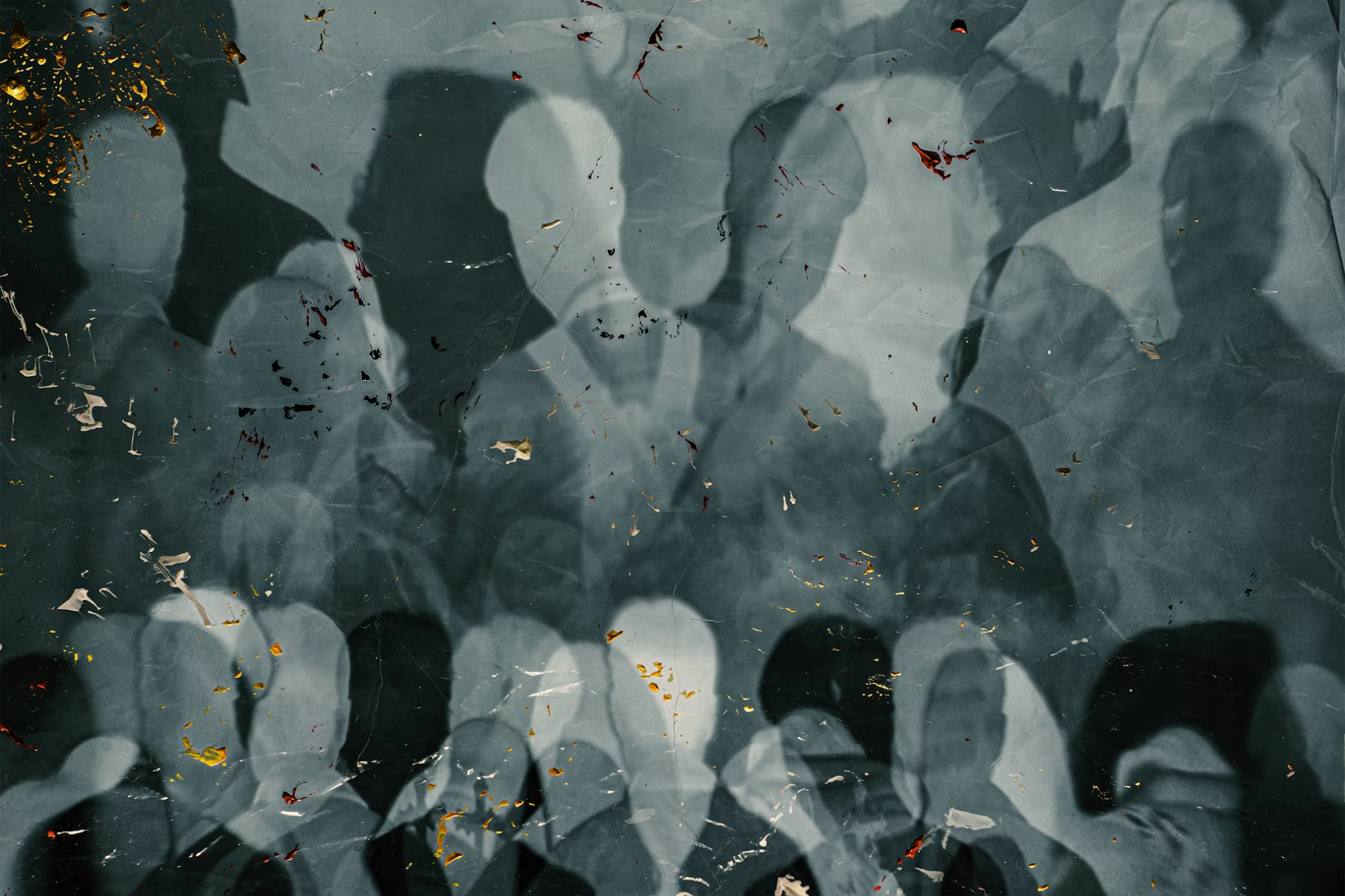 Abstract artwork with layered silhouettes of people in shades of gray. The image is overlaid with scattered gold and red flecks.
