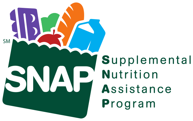 Logo of the Supplemental Nutrition Assistance Program (SNAP) features a grocery bag with food items like bread, milk, and vegetables, symbolizing food aid.
