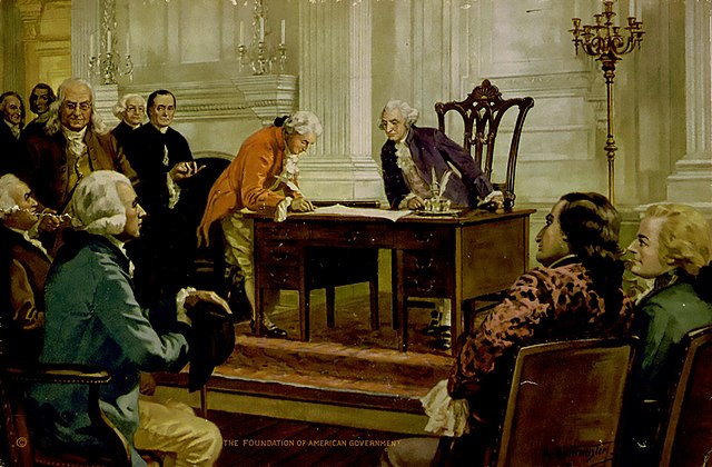 A painting of A group of men in 18th-century attire in an ornate room. One man signs a document as others look on.