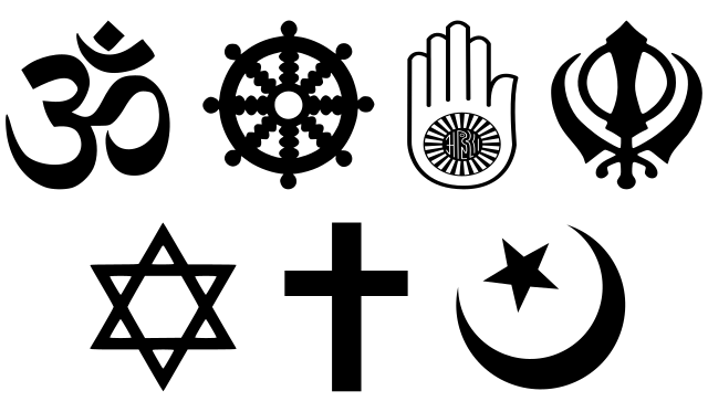 Seven religious symbols arranged in two rows: Om (Hinduism), Dharma Wheel (Buddhism), Ahimsa Hand (Jainism), Khanda (Sikhism), Star of David (Judaism), Christian Cross, Star and Crescent (Islam). These symbols are commonly used to represent the core beliefs and identities of each religion.