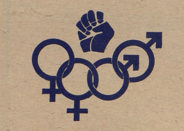 Symbols of gender diversity, including male, female, and genderqueer, overlapping with a raised fist above them.