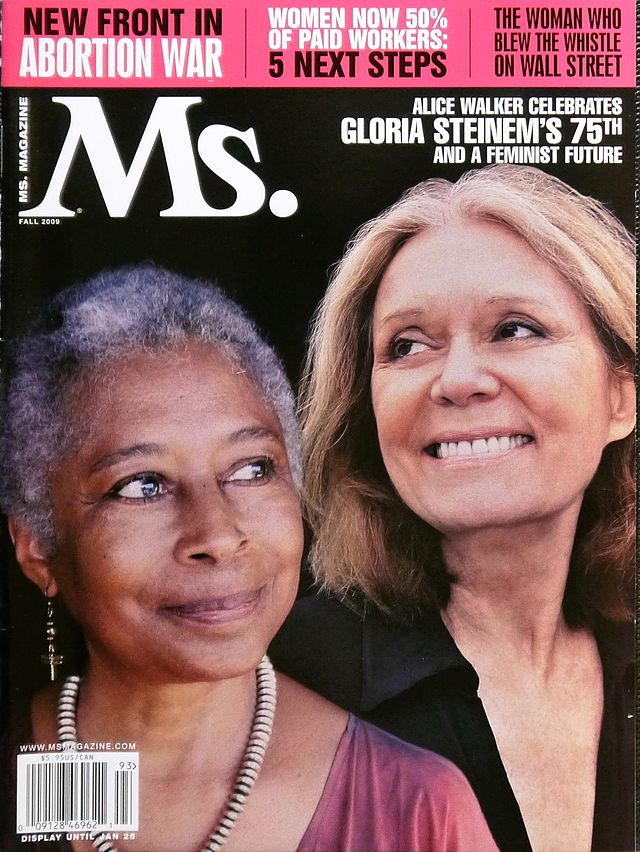 Cover of Ms. Magazine featuring two women smiling, surrounded by headlines about women's rights and feminism such as "Women now 50% of paid workers: 5 next steps."