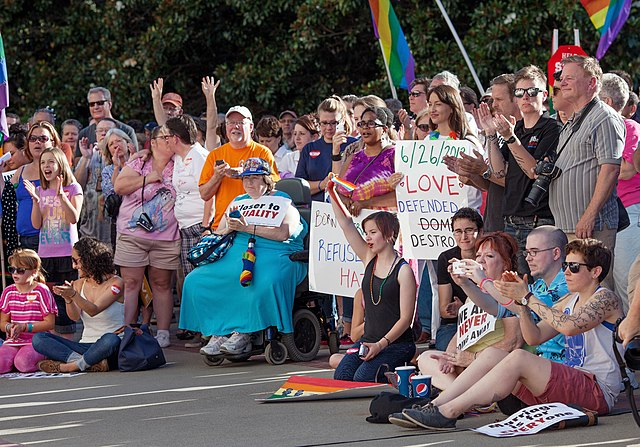 A crowd celebrates at a pride event, some standing and others seated on the ground. People hold colorful signs with messages of love and equality.