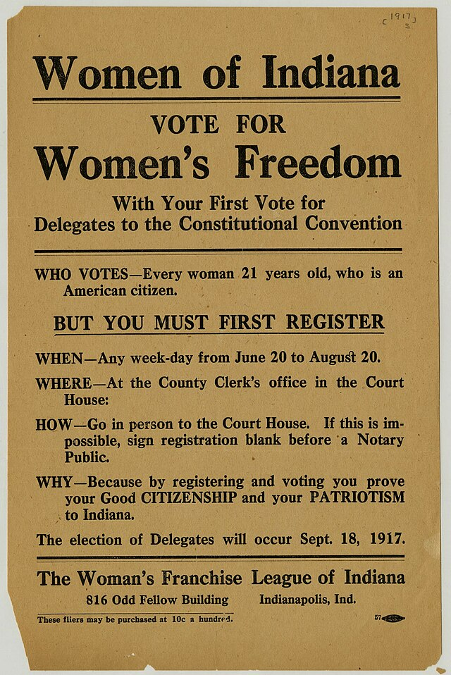 Historical flyer titled "Women of Indiana Vote for Women's Freedom" encouraging voter registration for the 1917 constitutional convention. Organized by the Woman's Franchise League.