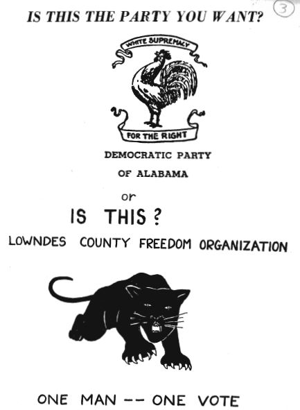 Two logos contrast in a political flyer. The Democratic Party of Alabama shows a rooster and "White Supremacy," while the Lowndes County Freedom Organization features a black panther.