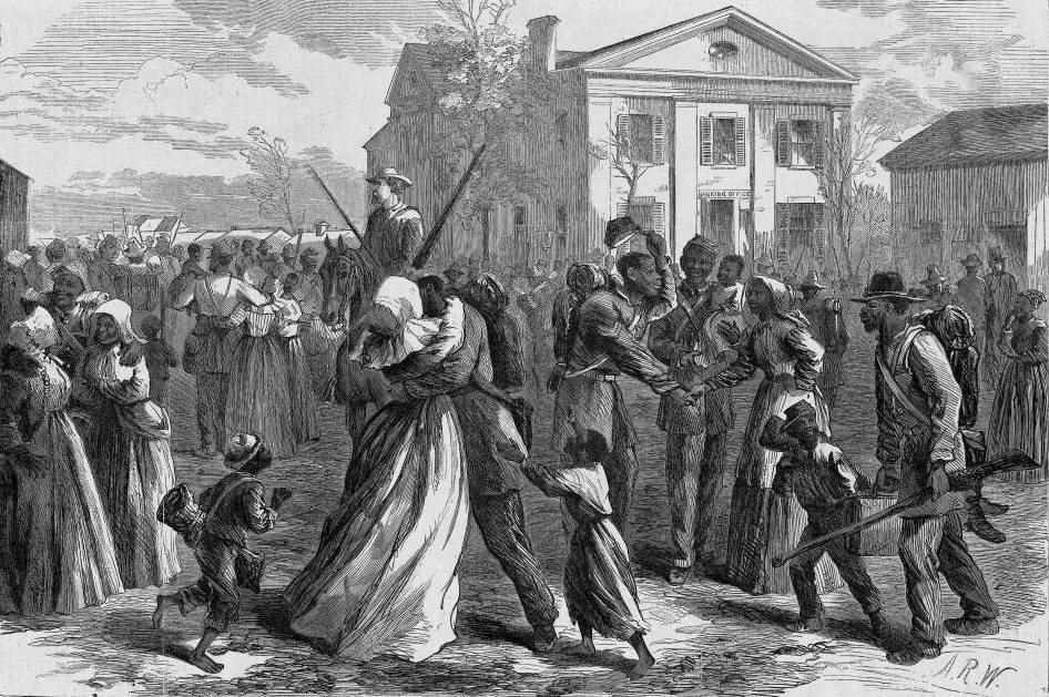 A black and white illustration. Formerly enslaved people reunite outside a large building. Children follow parents, and a pair on horseback observes the scene.